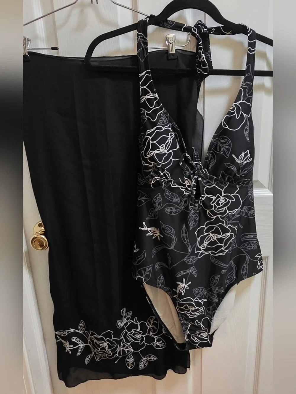 Black Floral One-Piece Swimsuit with Matching Sarong